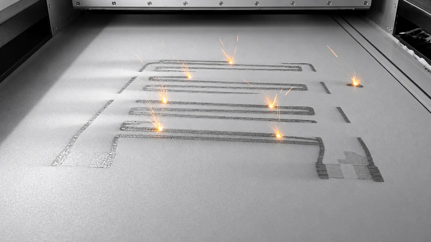 Print bed mid-build, with laser sparks where the powder is being fused into a serpentine channel